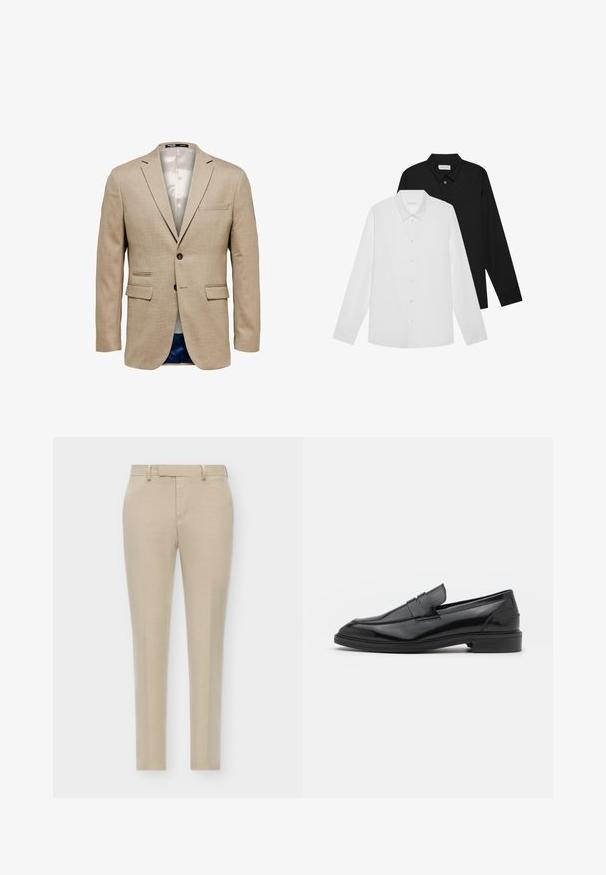 Beige blazer van een gestructureerde stof, met twee voorkruiszakken, een borstzak en een enkele knoopsluiting. Voering van lichte stof.; Witte en zwarte langemouwen shirts met puntige kraag, knopen aan de voorkant en een gladde stoftextuur. Labels zichtbaar aan de binnenkant van de hals.; Beige maatpakbroeken met een slim fit, featuring een vlakke voorkant, discrete zijzakken en een gladde, gestructureerde stof.; Zwarte leren instappers met een gladde afwerking, voorzien van een ronde neus en een smalle band over de bovenkant. Lage gestapelde hak.
