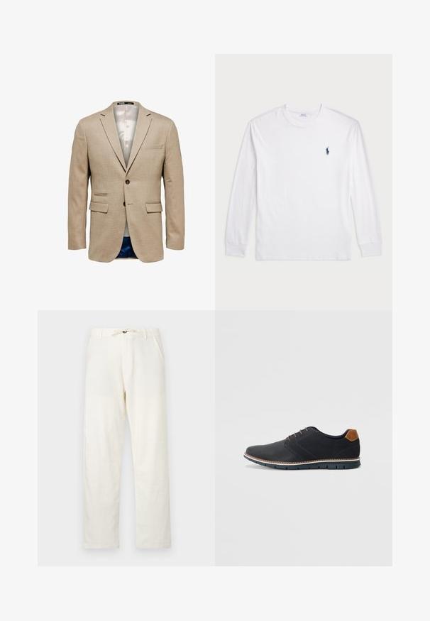 Beige blazer with a textured fabric, featuring two front pockets, a chest pocket, and a single button closure. Lined in light fabric.; White long-sleeve T-shirt made of cotton. Features a round neckline, ribbed cuffs, and a small navy blue polo logo on the left chest.; Light beige linen trousers with a straight cut, adjustable drawstring waist, and two side pockets. Smooth texture and minimal design.; Black synthetic shoes with a textured upper, smooth accents, brown heel, and a contrasting sole. Features minimal lacing and stitch details.