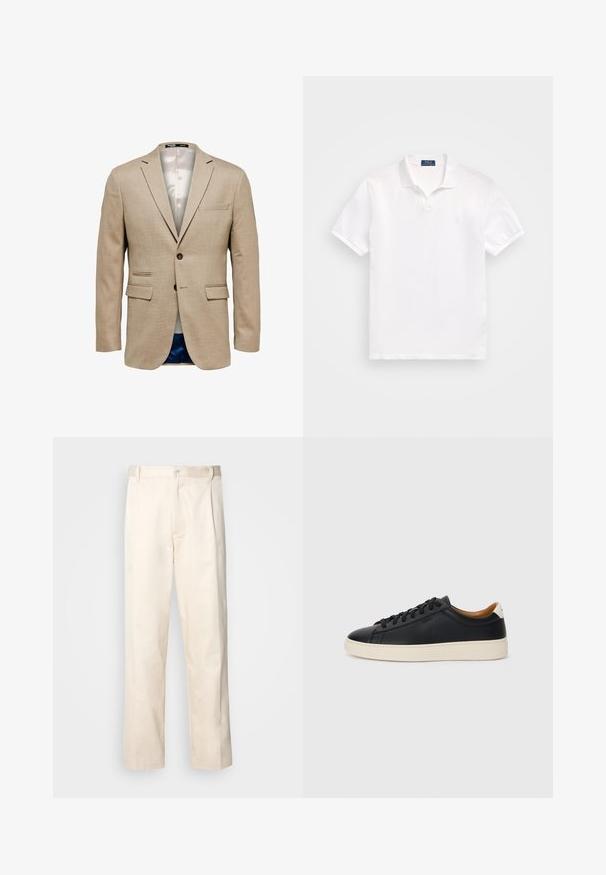 Μπεζ σακάκι με υφή, διαθέτει δύο μπροστινές τσέπες, μία τσέπη στο στήθος και κλείσιμο με έναν μόνο κουμπί. Επενδυμένο με ελαφρύ ύφασμα.; Λευκό πόλο μπλουζάκι από βαμβάκι, με στήριγμα δύο κουμπιών, κοντά μανίκια και διακριτό λογότυπο στο αριστερό στήθος. Λείος υφασμάτινος υφάντης.; Μπεζ βαμβακερό παντελόνι με ίσια γραμμή, διαθέτει κουμπί κλεισίματος και πτυχές στο μπροστινό μέρος για επιπλέον λεπτομέρεια.; Μαύρα δερμάτινα παπούτσια αθλητικά με λεία υφή, μπεζ καουτσούκ σόλα, σχέδιο με κορδόνια και αντίθεση στη φτέρνα.