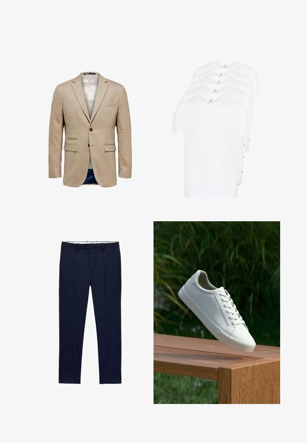 Béžový blejzr s texturovanou tkaninou, vybavený dvěma předními kapsami, náprsní kapsou a zapínáním na jeden knoflík. Podšitý světlejší tkaninou.; Bílé trička s krátkým rukávem poskládaná, vyrobená z bavlny. Mají kulatý výstřih a rovný střih. Tkanina vypadá hladce, bez vzorů.; Námořnické modré kalhoty se slim fit a pruhovaným vzorem. Obsahují zip, poutka na opasek a přední kapsy. Hladká textilie.; Bílé šněrovací tenisky, které se vznášejí nad dřevěnou lavicí, s zeleným listím v pozadí, předvádějící design a strukturu boty.