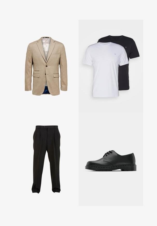 Beige blazer van een gestructureerde stof, met twee voorkruiszakken, een borstzak en een enkele knoopsluiting. Voering van lichte stof.; Twee katoenen t-shirts in het wit en zwart, met korte mouwen en ronde halsen, voorzien van een klein logo op de borst, met een soepele textuur.; Zwarte broek van gladde stof, met voorplooien, een knopenband en taps toelopende enkelboorden. Klassieke taillering.; Zwarte leren oxford schoenen met vetersluiting, ronde neus, platte rubberen zool en subtiele stiksel details langs het bovenwerk.