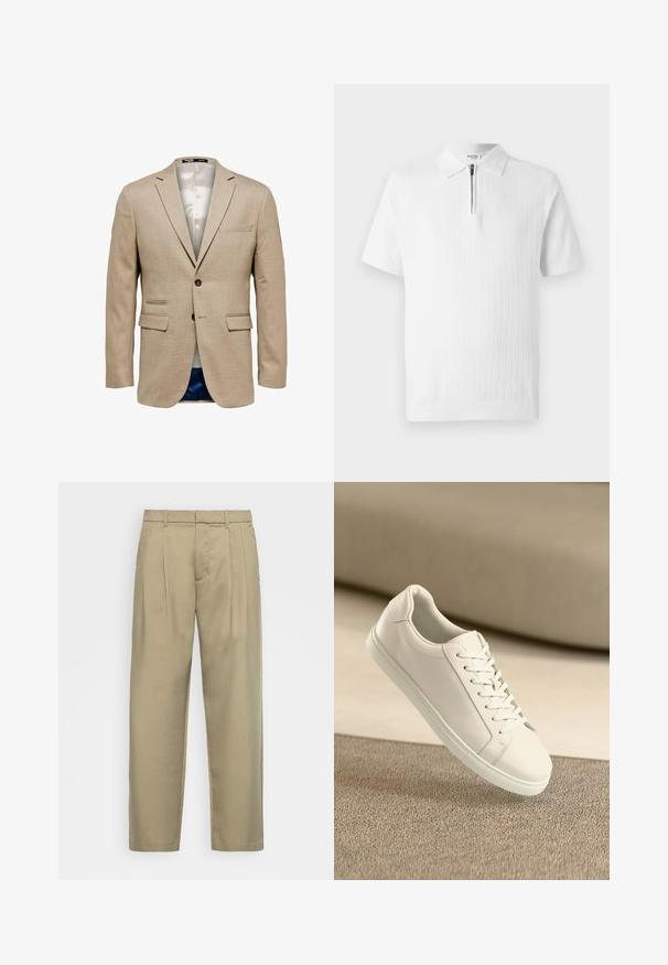 Beige blazer med teksturert stoff, med to frontlommer, en brystlomme og en enkelt knappelukking. Fôret i lett stoff.; Hvit kortermet polo skjorte med teksturert strikk, med glidelås krage og ribbet kant. Rent design som passer til fritidsbruk.; Beige, høytlivs bukser med rett snitt, med flat front, sidelommer og et jevnt, strukturert stoff.; Hvit lær sneaker med hvite snørebånd, vist på en beige teksturert overflate med myk uskarp bakgrunn.