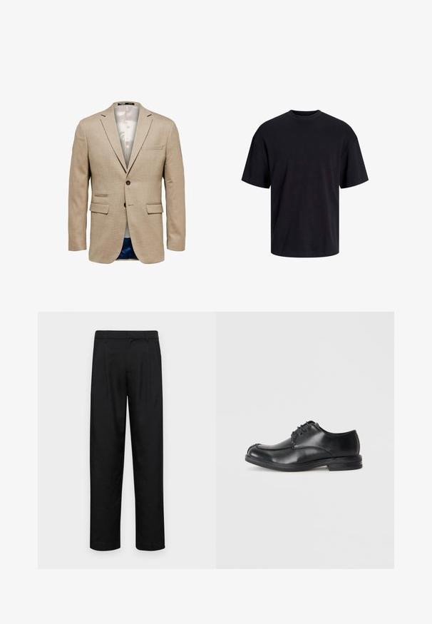 Bež bleiser teksturekangaga, mis on varustatud kahe esitasku, rinnaesise tasku ja ühe nööbikäiguga. Vooder on heledast kangast.; Must must on mustre, lühikeste varrukatega ja vabalt langev. Sile tekstuur ja ilma nähtavate mustrite või aktsentideta.; Mustad mustadest riietest, millel on sirge jalgade disain, kaks eesmist voltimist ja tavaline vöökoht, millel on vöökohad.; Mustad mustad nahast kinnituskingad ümmarguse varbaga, sileda pinnaga ja madala kandaga. Omab õmblemise detaile ülemise osa ja külgede juures.