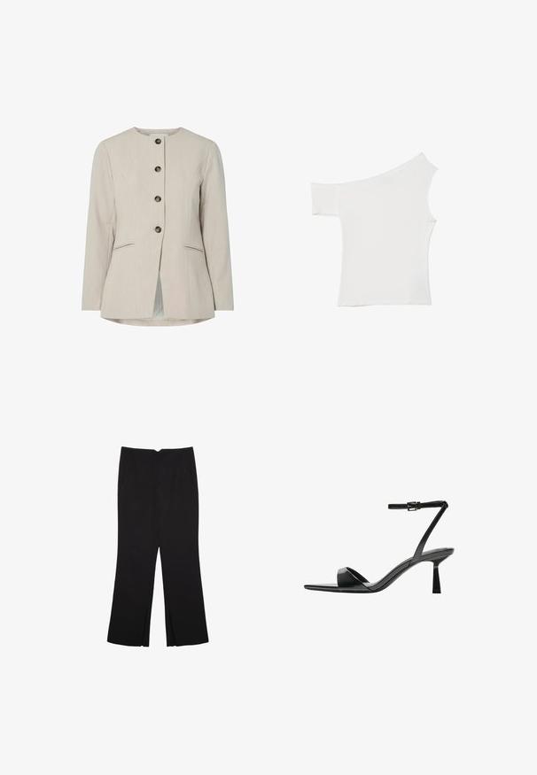 Beżowa dopasowana marynarka z okrągłym dekoltem, pięcioma metalowymi guzikami, dwiema przednimi kieszeniami oraz prostym krojem z rozcięciem z tyłu.; Asymetryczna biała bluzka wykonana z gładkiego materiału, z jednym krótkim rękawem i jednym odkrytym ramieniem, o czystym, minimalistycznym wyglądzie.; Czarne spodnie o prostym kroju, z przednimi kieszeniami i bocznymi rozcięciami na dole. Wykonane z miękkiego, gładkiego materiału. Odpowiednie na różne okazje.; Bershka - Sandały na obcasie