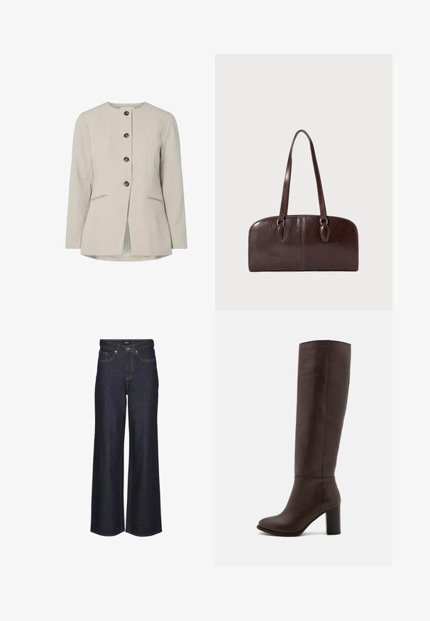 Beige přizpůsobený blejzr s kulatým výstřihem, pěti kovovými knoflíky, dvěma předními kapsami a rovnými liniemi se skládáním vzadu.; Broskvově zbarvená šifonová blůza s volány vpředu, rozšířenými rukávy a zavazováním u krku. Měkká textura a splývavý silueta.; Džíny s vysokým pasem a širokými nohavicemi ve tmavém denimovém provedení. Obsahují klasické švy, pět kapes a zapínání na knoflík v přední části.; Hnědá kožená vysoká bota po kolena s blokovým podpatkem, hladkým povrchem, zaoblenou špičkou a minimálními švy.; Hnědá kožená kabelka s dvěma dlouhými uchy, strukturovaným obdélníkovým tvarem, hladkou texturou a zaoblenými hranami. Obsahuje dekorativní detaily na uších.