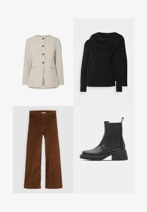 Beige skræddersyet blazer med rund halsudskæring, fem metalliske knapper, to forlommer og en lige pasform med en ventileret ryg.; To sorte langærmede t-shirts med V-hals-design, lavet af blødt, strækbart stof, som viser en glat tekstur og en tætsiddende pasform.; Brune kordfløjsbukser med bred benvidde og en tekstureret overflade, der har en flettrense, to forlommer og en klassisk lynlås.; Sorte læder ankelstøvler med elastiske sidepaneler, afrundet tå og en kraftig blokhæl. Glat tekstur med et minimalistisk design.