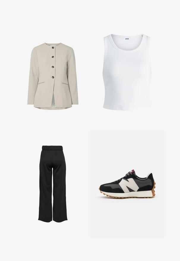 Beige op maat gemaakte blazer met een ronde halslijn, vijf metalen knopen, twee voorzakken en een rechte snit met een geventileerde achterkant.; Witte geribbelde tanktop met een ronde hals, zonder mouwen en een cropped lengte. Label draagt "JJXX." Gladde stoftextuur.; Zwarte, wijde broek met een elastische tailleband, gemaakt van gladde stof. Heeft een strakke uitstraling zonder zakken of zichtbare stikseldetails.; Zwarte en grijze suède sneaker met een groot crèmekleurig "N"-logo, paarse veters en een gestructureerde rubberen zool van gum.