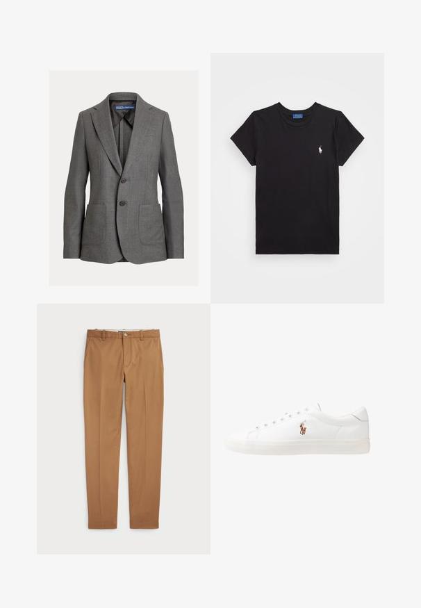 Gray tailored blazer made of textured fabric, featuring a notched lapel, two front pockets, and two brown buttons for closure.; Black cotton t-shirt with a crew neckline, short sleeves, and a white embroidered logo on the left chest. Smooth texture, casual design.; Brown cotton trousers with a slim-fit design, flat front, and standard pockets; smooth texture and hemmed cuffs.; White leather sneakers, low-top design, featuring a smooth texture, round toe, laced front, and a small embroidered logo on the side.