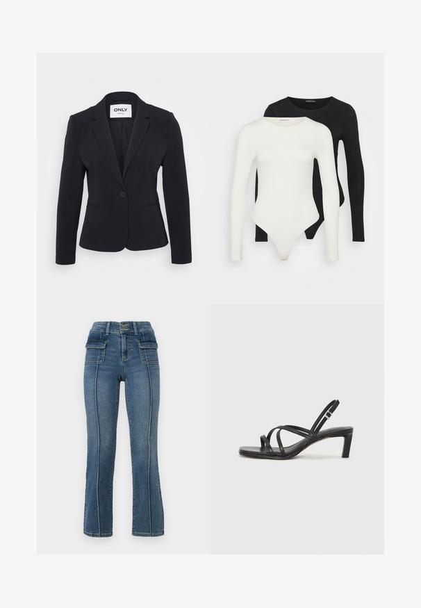 ONLY Petite ONLKYRA czarny; Dwa długie body z długim rękawem w kolorze białym i czarnym. Wykonane z gładkiej tkaniny, z okrągłymi dekoltami i majtkami typu thong, co zapewnia smukłe dopasowanie.; ONLY Petite ONLWAUW niebieski denim; Czarne sandały na obcasie z prostokątnym noskiem i niskim słupkowym obcasem. Posiadają wiele cienkich pasków i regulowany pasek na kostkę. Wykonane z gładkiej skóry.