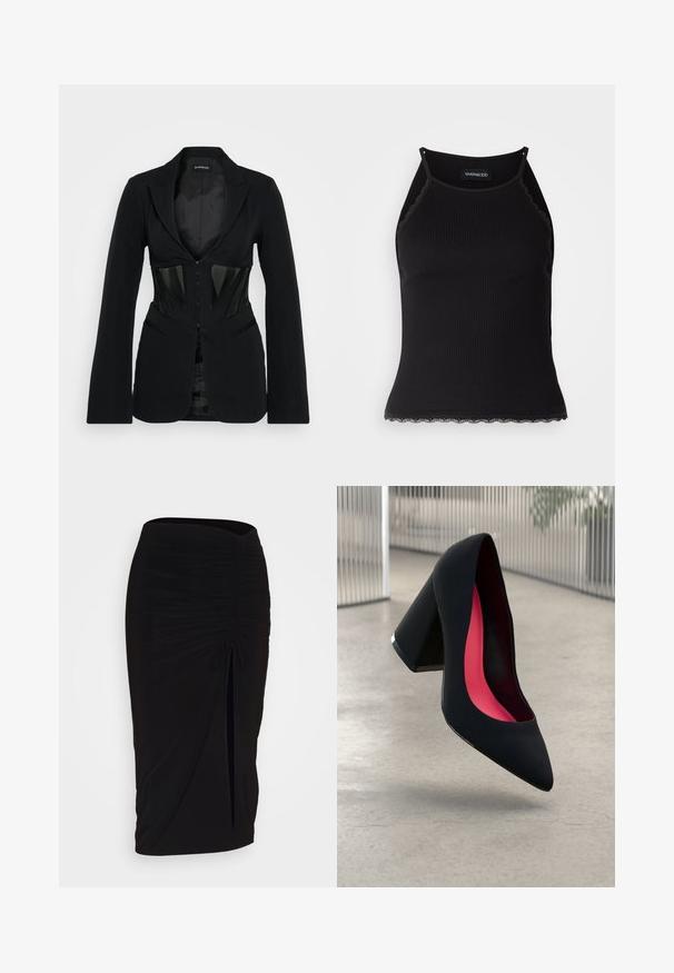 Even&Odd - Żakiet; Czarny ribbed top na ramiączkach z falbaniastym koronkowym wykończeniem u dołu. Posiada cienkie ramiączka i dopasowany krój. Wykonany z rozciągliwego materiału.; Czarna, marszczona spódnica typu ołówkowego z węzłem i bocznym rozcięciem. Wykonana z elastycznego materiału, o gładkiej fakturze i dopasowanym kroju.; Czarna szpilka o spiczastym nosie, z teksturowaną powierzchnią i intensywnie różowym wnętrzem. Posiada masywny obcas z srebrnym akcentem.