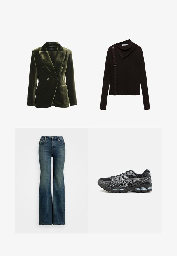 Olivgrön sammet dubbelknäppt kavaj med breda slag, två framfickor och runda knappar; slät textur med en strukturerad form.; Brun stickad tröja med design av cowl-neck, med sidoknappslås och långa ärmar. Tyget verkar mjukt och strukturerat.; Uppvikta blå denimjeans med hög midja, som har fem fickor och sömnadsdetaljer. Tyget har en klassisk blekt yta.; Svart träningsskor med mesh-överkant, silverdetaljer och en dämpad sula. Har snörningsdesign och texturerat sula för grepp.
