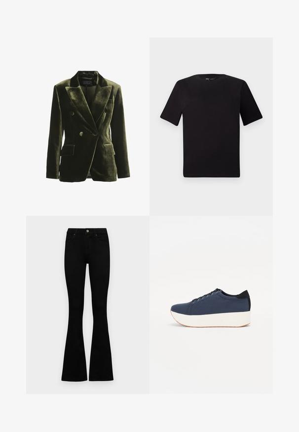 Olive green velvet double-breasted blazer with wide lapels, two front pockets, and circular buttons; smooth texture with a structured shape.; Black short-sleeve t-shirt with a round neckline, crafted from soft cotton fabric. Simple design, no visible logos or patterns.; Black high-waist jeans with a button and zip closure, front pockets, and flared legs laid flat on a white background.; Navy blue sneaker with a textured fabric upper, white platform sole, rounded toe, and black heel accent. Features six eyelets for laces.
