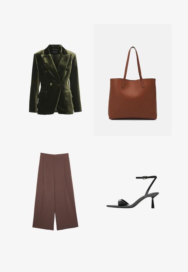 Olive green velvet double-breasted blazer with wide lapels, two front pockets, and circular buttons; smooth texture with a structured shape.; Brown short-sleeve t-shirt made of soft fabric, featuring a round neckline and a relaxed fit. Smooth texture with no patterns or accents.; Brown wide-leg trousers with a smooth texture, featuring a high waist and front pleats. The fabric is lightweight and flows loosely.; Bershka High heeled sandals - black; Brown leather tote bag with a smooth texture, open top design, and two shoulder straps. Features minimal stitching and no visible hardware.