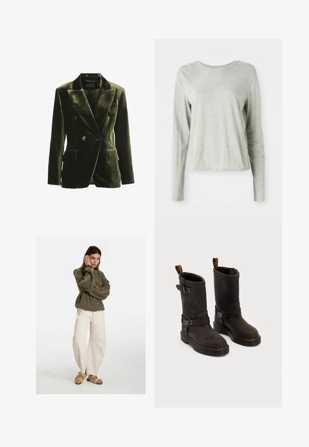 Olíva zöld bársony, dupla soros blézer széles hajtókákkal, két elülső zsebbel és kerek gombokkal; sima textúrájú, struktúrált forma.; Világosszürke, hosszú ujjú ing, puha anyagból készült, kerek nyakkivágással és laza szabással. Oldalt varrási részletekkel.; Free People GOOD LUCK MID RISE BARREL - Laza szabású farmerek - beige; Sötétbarna bőr csizmák középig érő dizájnnal, sárga varrással, állítható csatpántokkal és húzófülekkel a tetején. Texturált felület.