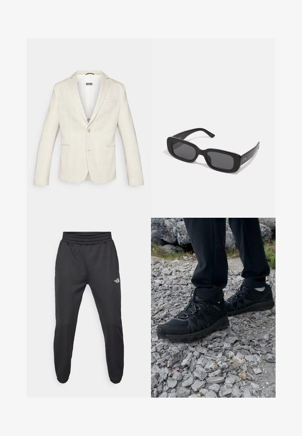 Beige blazer met een subtiel geruit patroon, twee voorkruiszakken, een enkele knoopsluiting en geknipte revers. Gladde stoftextuur.; Witte lange mouwen T-shirt gemaakt van katoen met een ronde hals. Beschikt over een klein zwart logo op de borst. Soepele textuur, normale pasvorm.; Zwarte sweatpants met een trekkoord in de taille, tapered fit, elastische boorden en een klein wit logo op de linker dij, gemaakt van gladde stof.; Zwarte buitenschoenen van mesh en synthetisch materiaal, met een gestructureerd bovenwerk, een beveiligd vetersysteem en een robuuste zool, op een ruig terrein.; Zwarte rechthoekige zonnebril met donkere lenzen, glanzende kunststof montuur en brede veren. Subtiele branding aan de zijkant.