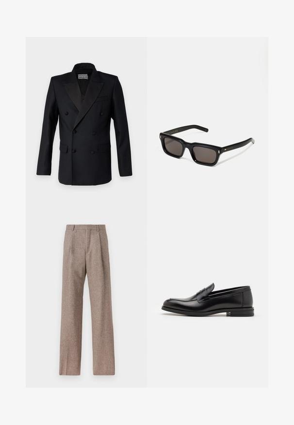 Blazer noir à double boutonnage avec des revers en satin, épaules structurées, deux poches frontales et détails de boutons. Texture lisse, coupe ajustée.; Chemise blanche à manches longues avec boutons en coton, présentant une poche poitrine avec broderie ton sur ton, un col et des poignets boutonnés.; Pantalons marron taille haute en tissu texturé. Présente des jambes larges et deux plis avant pour la structure. Finition soignée sans matériel visible.; Mocassins en cuir noir avec une texture lisse, bout rond et une sangle décorative sur le dessus. Talon bas empilé, design minimaliste.; Lunettes de soleil noires rectangulaires avec des verres foncés, monture en plastique épais, accents dorés sur les branches et logo de la marque gravé sur le bras.