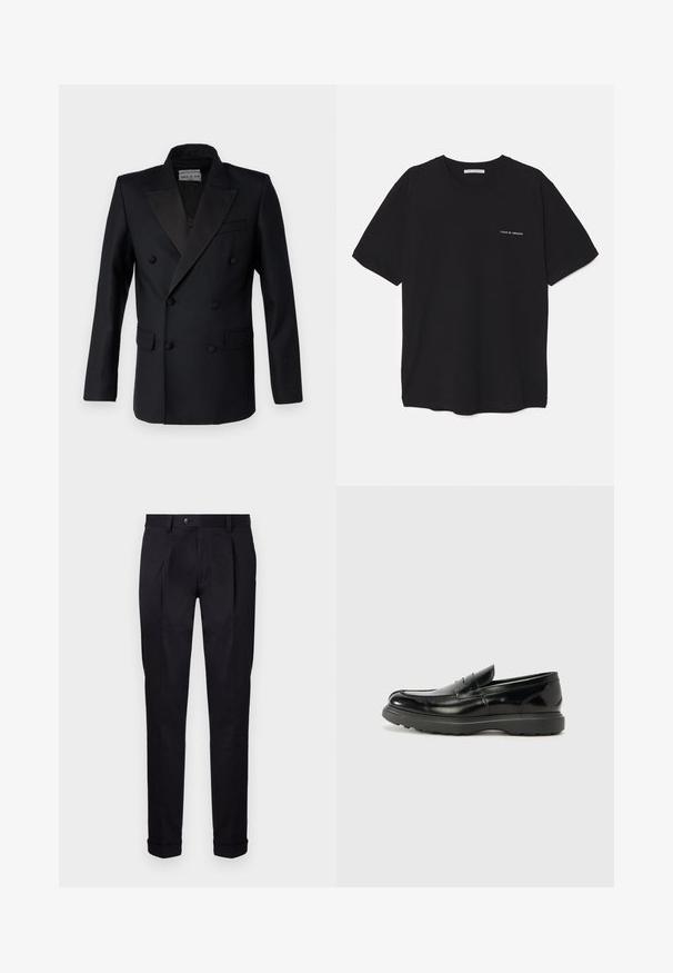 Blazer noir à double boutonnage avec des revers en satin, épaules structurées, deux poches frontales et détails de boutons. Texture lisse, coupe ajustée.; T-shirt en coton noir avec un col rond, des manches courtes et un logo blanc imprimé sur la poitrine gauche. Design simple, couleur unie.; Pantalons noirs sur mesure en tissu lisse, avec une taille plate, deux plis avant et des ourlets à revers pour un look propre et structuré.; Mocassin en cuir noir avec une finition brillante, bout arrondi, détails de couture subtils et semelle en caoutchouc épaisse pour la durabilité.