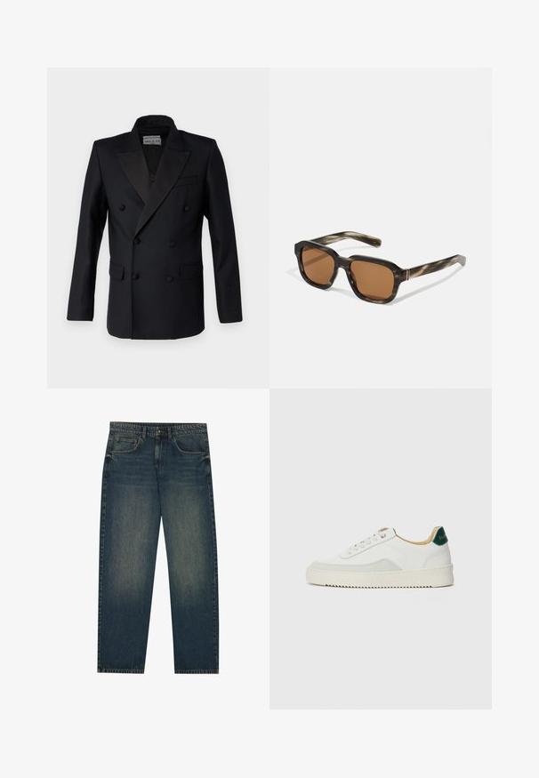 Blazer nero doppiopetto con rever in satin, spalle strutturate, due tasche frontali e dettagli con bottoni. Texture liscia, vestibilità su misura.; Icecream JUMBO RUNNING DOG - T-shirt con stampa - black; Jeans in denim blu scuro con taglio dritto, design a cinque tasche e una leggera texture sbiadita sulle gambe. Adatti per un abbigliamento casual.; Sneaker bianco con accenti in camoscio, punta rotonda, lacci piatti e suola in gomma crema. Presenta un marchio verde sul tallone.; Occhiali da sole in plastica con motivo tartaruga, lenti marroni ottagonali e sottili dettagli in metallo dorato sulla montatura.