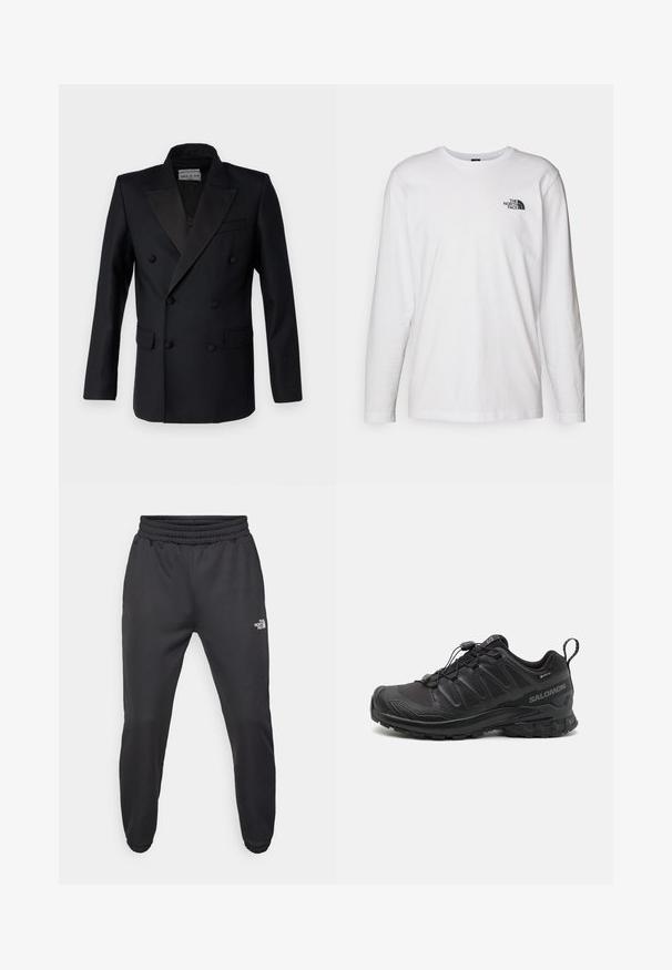 Schwarzes, doppelt-knappendes Blazer mit Satinrevers, strukturierten Schultern, zwei Fronttaschen und Knopfdetails. Glatte Textur, taillierte Passform.; Weißes langärmliges T-Shirt aus Baumwolle mit Rundhalsausschnitt. Verfügt über ein kleines schwarzes Logo auf der Brust. Glatte Textur, reguläre Passform.; Schwarze Jogginghose mit verstellbarem Bund, schlanker Passform, elastischen Bündchen und einem kleinen weißen Logo am linken Oberschenkel, hergestellt aus glattem Stoff.; Schwarzer Sportschuh mit einer strukturierten, synthetischen Oberseite, gepolsterten Sohle und einem schnellen Schnürsystem. Verfügt über eine verstärkte Zehen- und Fersenkappe.