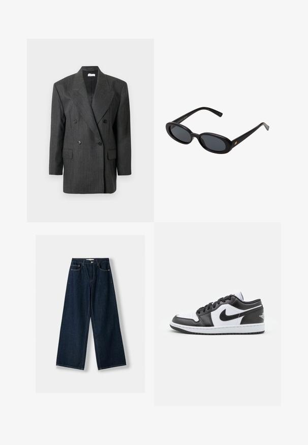 Sacou gri cu două rânduri de nasturi, cu dungi verticale subțiri, rever mari, două buzunare frontale și nasturi negri. Croială structurată, material din amestec de lână.; Pulover bej cu guler înalt, realizat dintr-un material tricotat moale. Prezintă manșete și margine ribbate, cu o croială lejeră și umeri lăsați.; Jeansi largi, de culoare albastru închis, realizați din denim. Au cinci buzunare, închidere cu nasture și fermoar, și detalii de cusătură în contrast.; Sneakers Nike cu talpă joasă, alb-negru, prezintă un superior din piele netedă, vârf rotund, închidere cu șireturi și o talpă din cauciuc cu model.; Ochelari de soare supradimensionați, cu lentile ovale, cadru din plastic neted și accente aurii pe brațe. Lentilele întunecate oferă protecție solară.; Geantă de umăr din piele întoarsă maro închis, cu curea reglabilă, accesorii aurii și o clapetă mare în față pentru închidere.