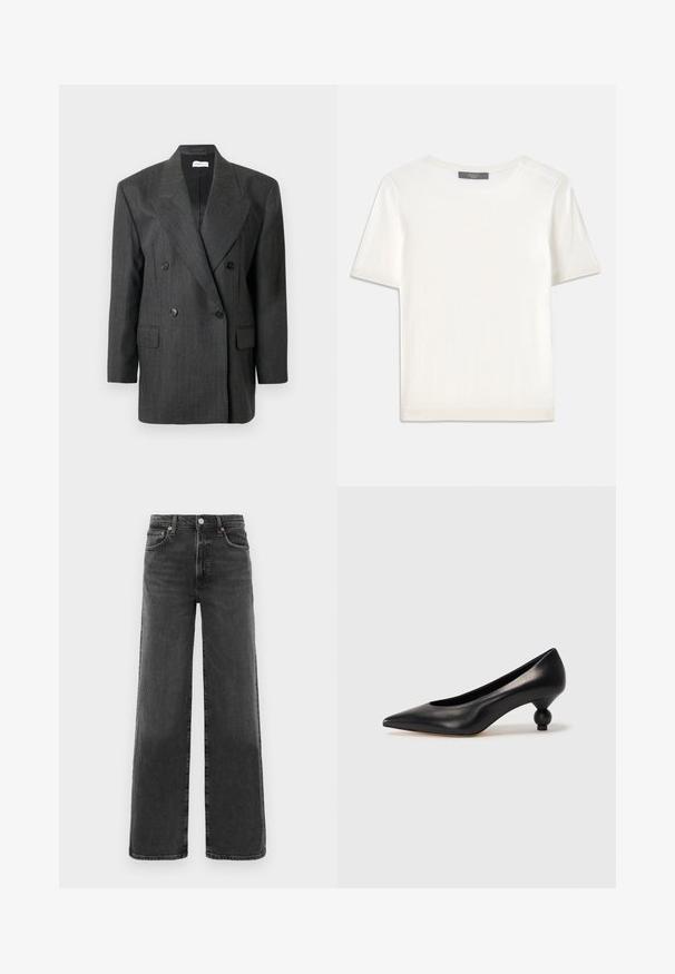 Blazer gris de doble botonadura con rayas verticales, grandes solapas, dos bolsillos frontales y botones negros. Ajuste estructurado, material de mezcla de lana.; Top de punto corto de manga blanca con cuello redondo, que presenta una textura suave y sutiles detalles acanalados en las mangas y el dobladillo.; Jeans de mezclilla negros de cintura alta y pierna recta con botón y cremallera en el frente, dos bolsillos frontales y dos traseros.; Zapato de tacón alto de cuero negro con puntera afilada y un tacón redondeado y abombado. Textura suave con un diseño elegante y minimalista.