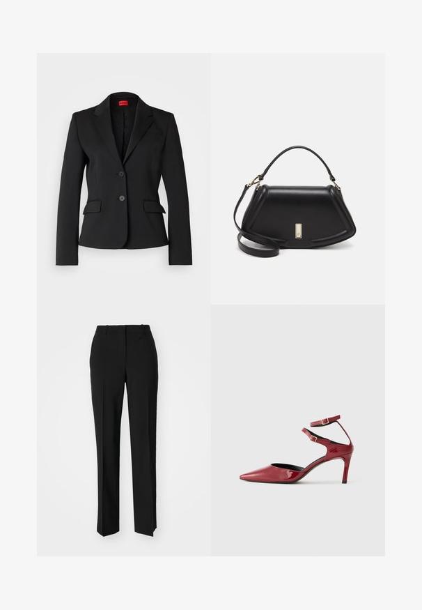 Melnā žakete, kas izgatavota no gludas auduma, ar iegriezumu apkakli, divām priekšējām kabatām un divu pogu aizdari. Iekšpuse ar oderi, kas izrotāta ar logo rakstu.; Melnas īsām piedurknēm t-krekls ar drapētu dekoltē, mīkstu tekstūru, savērptu audumu detaļu viduklī un brīvu siluetu.; Melnas pielāgotas bikses ar taisnu kāju dizainu, kas raksturojas ar gludu faktūru un asiem krokām pa priekšu. Nav redzamu metāla detaļu.; Spīdīga sarkanā augstpapēžu kurpe ar šauru purngalu, diviem potīšu siksniņām un zelta sprādzēm, attēlota profilā uz baltas fona.; Melnas ādas roku soma ar struktūru, ar īsu formu, augšējo rokturi un zelta aksesuāriem. Iekļauta regulējama plecu siksna.