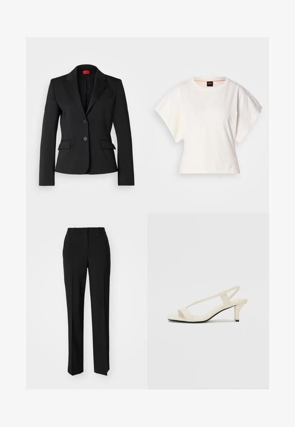 Sort blazer lavet af glat stof, med krave og to forlommer samt lukning med to knapper. Foret indvendig med logo mønster.; Hvid cropped T-shirt, korte brede ærmer, blødt bomuldsstof, rund halsudskæring med diskret orange kant, minimalistisk design uden mønstre eller grafik.; Sorte skræddersyede bukser med lige ben-design, der har en glat tekstur og skarpe folder langs fronten. Ingen synlige hardware.; Beige blokhælede sandaler med tynde remme og en firkantet tå. Glat materiale med minimal detaljering, designet til nem brug.