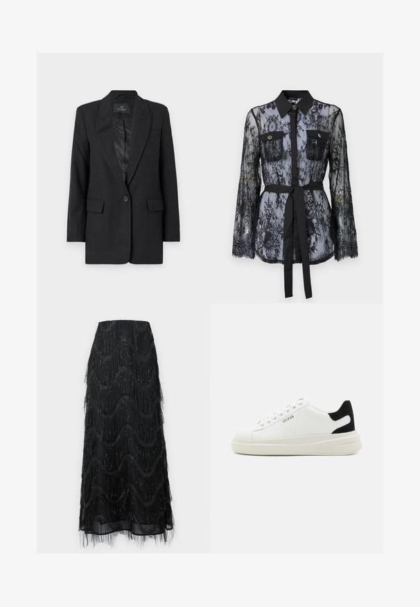 Bruuns Bazaar CORYMBIA - Blazer - black; Sort blonde med lange ærmer, knaplukket brystlommer, klassisk krave og et stofbælte der er bundet om taljen. Gennemsigtig design.; Sort midi-skjorte med lagdelt frynse og bølgemønstre. Lavet af gennemsigtigt materiale med glitrende detaljer langs kanterne.; Hvide lædersneakers med en tyk hvid sål, sort ruskindhælvægt og prægede logoer på siden. Snørebåndsdesign med seks øjer.