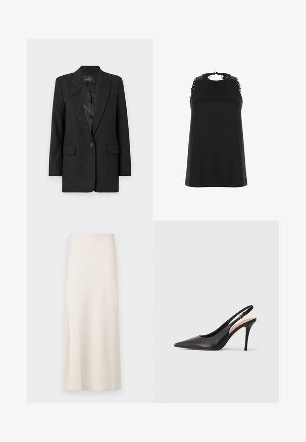 Bruuns Bazaar CORYMBIA - Blazer - black; Top negro sin mangas con un alto escote, que presenta detalles de encaje deshilachado en los hombros y una textura suave y agradable.; Falda midi de color crema, con una textura suave y satinada y un corte recto. Sin patrones ni adornos visibles.; Zapato de tacón alto de piel negra con tirante trasero, punta afilada, textura suave y una delicada correa con una hebilla metálica.