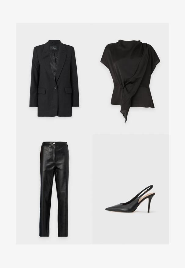 Bruuns Bazaar CORYMBIA - Blazer - black; Blouse noire en tissu lisse, présentant un design drapé avec un détail noué à la taille et des manches courtes.; Pantalons en faux cuir noir avec motif crocodile, coupe slim, design à jambe droite, dotés d'une fermeture à bouton à l'avant et d'une taille standard.; Escarpin à talon haut en cuir noir avec un bout pointu, une texture lisse et une délicate bride avec une boucle métallique.