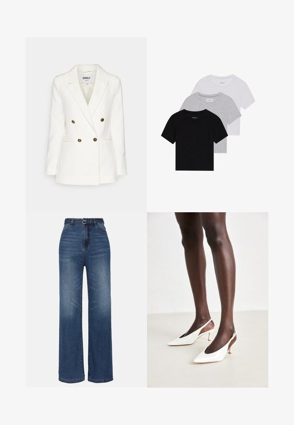 Divkāršā baltā bleizera izgatavots no gludas auduma, ar zeltītām dekoratīvajām pogām, grieztiem uzklājušiem un divām sānu kabatām.; Trīs īsām piedurknēm T-krekli melnā, pelēkā un baltā krāsā. Izgatavoti no kokvilnas, ar apaļu kakla izgriezumu un vienkāršu, viendabīgu krāsas dizainu.; Platas kājas zilas džinsu bikses ar augstu vidukli, divi metāla sprādzes akcenti, viegla izbalēšana un standarta piecu kabatu dizains.; Baltas patentēts ādas siksnīšu papēžu kurpes ar garo purngalu, slaido papēdi un atvērtām malām; gluda tekstūra un minimālistisks dizains.