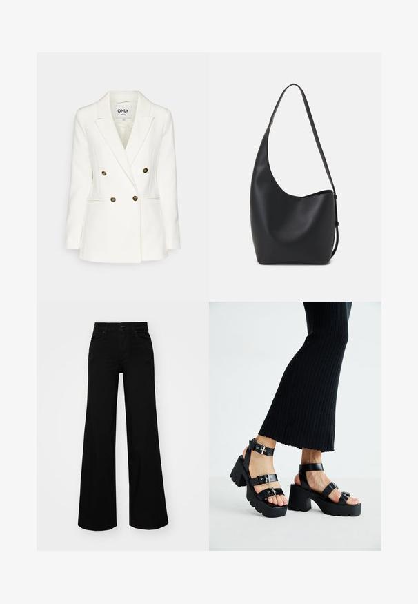 Divkāršā baltā bleizera izgatavots no gludas auduma, ar zeltītām dekoratīvajām pogām, grieztiem uzklājušiem un divām sānu kabatām.; Melna kokvilnas T-krekls ar īsām piedurknēm, kuram priekšā kreisajā pusē ir neliels rozā tauriņa grafiskais attēls. Ar apaļu kaklu un brīvā stila piegriezumu.; Melni plaša kāju bikses, izgatavotas no džinsa, ar strukturētu jostu, jostu cilpiņām un priekšējām kabatām. Gluda tekstūra ar klasisku dizainu.; Melnas platforma siksnas ar masīviem, zolei ar iegriezumiem un daudzām siksnām, kurām ir metāla sprādzes un gluda ādas līdzīga tekstūra.; Melnas ādas hobo soma ar gludu tekstūru, izliekta forma un vienu regulējamu jostu; augšā ir plaša atvere.