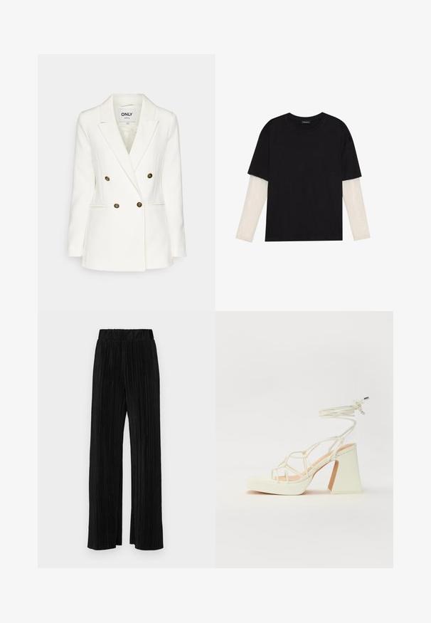 Doppelt knöpfbares weißes Blazerjackett aus glattem Stoff, mit goldenen Dekorationsknöpfen, Reverskragen und zwei Seitentaschen.; Schwarzes T-Shirt aus Baumwolle mit kurzen Ärmeln über einer weißen Langarmschicht, die ein dezentes strukturiertes Muster aufweist. Rundhalsausschnitt.; Schwarze plissierte Hose mit elastischem Bund. Verfügt über weite Hosenbeine und einen glatten, strukturierten Stoff mit vertikalen Streifen.; Weiße High-Heel-Sandale mit einem klobigen Absatz, die über ein Riemchendesign und ein Knöchelband verfügt. Glatte Textur mit einer Plattform vorne für zusätzliche Höhe.