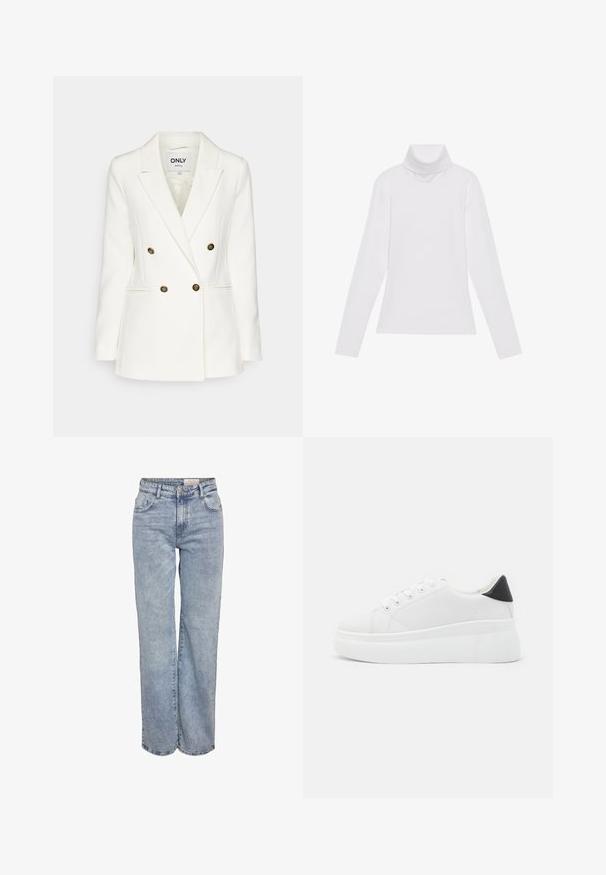 Dvojřadý bílý blazer vyrobený z hladké látky, se zlatými dekorativními knoflíky, klopami ve tvaru písmene V a se dvěma bočními kapsami.; Bílý dlouhý rukáv rolák vyrobený z hladkého, elastického materiálu. Má vysoký límec a přiléhavý střih, bez viditelných vzorů nebo ozdob.; Světle modré široké džíny vyrobené z denimové tkaniny, s vysokým pasem, designem se šesti kapsami a jemným zesvětlením pro opotřebovaný vzhled.; Bílé platformové tenisky vyrobené z hladkého syntetického materiálu, s kulatou špičkou, šněrováním a texturovanou gumovou podrážkou. Černý akcent na patě.