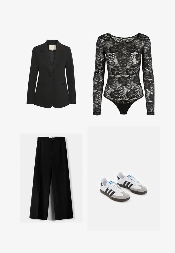 Svart blazer i slät tyg med enkelknäppt stängning, notchade slag, två framfickor och skräddarsydd passform.; Svart spetsbodysuit med långa ärmar, blommönster och rundad halsringning; har en tanga-skärning i botten för en figurnära silhuett.; Svarta vida byxor i lätt material, med knappstängning fram och platt front, samt väl sydda fållar.; Sportskor med överdel i vit läder, grå mocka på tårna och tre svarta ränder. Har en blå logotyp på tungan och en texturerad gummisula.