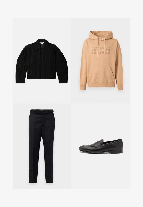Giacca nera corta con superficie strutturata, colletto ampio e maniche lunghe, leggermente affusolate. Presenta una chiusura frontale nascosta.; Felpa con cappuccio in cotone marrone chiaro. Presenta una tasca frontale, polsini a costine e una stampa grafica di numeri e un cerchio sul petto.; I pantaloni neri su misura presentano un tessuto liscio, una linea dritta e una vita con cintura dotata di una fibbia rettangolare. Le pieghe frontali notevoli arricchiscono il design.; Mocassino da uomo in pelle nera con tacco basso e design classico a striscia, mostrato in profilo laterale su sfondo bianco.