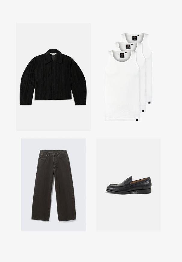 Juoda trumpa striukė su tekstūruota paviršiumi, plačiu apykakle ir ilgomis, šiek tiek siaurėjančiomis rankovėmis. Turi paslėptą priekinį užsegimą.; Trys balti, dryžuoti marškiniai be rankovių, pagaminti iš medvilnės. Yra apvalus kaklas ir maži juodi etiketės netoli siūlės. Siūlomi įvairių dydžių.; Plati juodos džinsinio audinio kelnės turi aukštą liemenį, penkių kišenių dizainą ir užsegimą su sagomis. Audinys yra minkštas, tekstūruotas.; Juodi odiniai loafersai su lygiu paviršiumi, apvaliu pirštu ir dekoratyvine siūlė viršuje. Žemas sustiprintas kulnas ir lengvas blizgesys.
