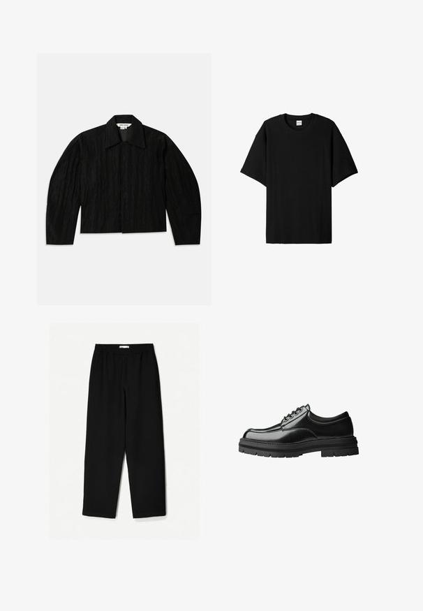 Fekete cropped dzseki textúrált felülettel, széles gallérral és hosszú, enyhén felszűkült ujakkal. Rejtett elöl záródás jellemzi.; Fekete, bordázott, rövid ujjú póló kerek nyakkal, laza szabással és textúrázott felülettel. Egyszerű dizájn; nincsenek rajta grafikák vagy díszítések.; Fekete, bő szárú nadrág könnyű anyagból. Rugalmas derékrésszel és sima felülettel rendelkezik. Nincsenek látható minták vagy hardverelemek.; Fekete bőr cipő sima felülettel, kerek orral, hat szemlyukú fűzős kivitelben és vastag, texturált gumitalpakkal.