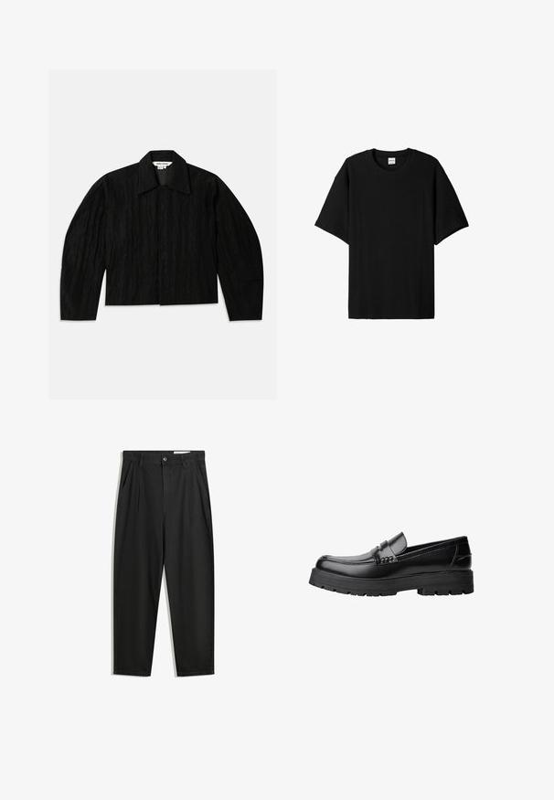 Černá zkrácená bunda s texturovaným povrchem, širokým límcem a dlouhými, mírně zúženými rukávy. Má skryté přední zapínání.; Černé krátké rukávy s žebrovaným vzorem, kulatým výstřihem a volnějším střihem, s texturovaným povrchem. Jednoduchý design; bez grafiky nebo akcentů.; Černé bavlněné kalhoty s uvolněným střihem, klasickým pasem, předními záhyby a bočními kapsami. Hladká textura bez vzorů.; Černé kožené mokasíny s masivní podrážkou a dekoračním páskem přes horní část, zobrazené v levém bočním profilu na bílém pozadí.
