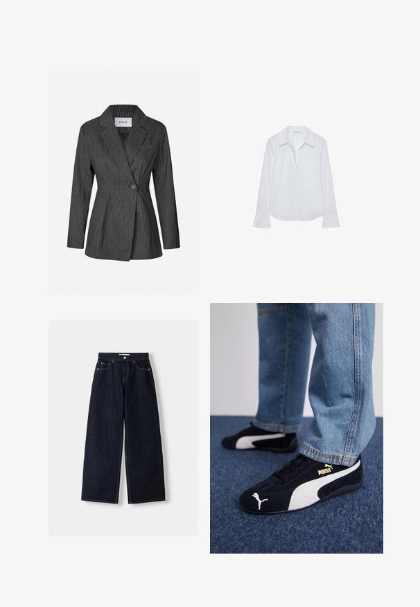 Envii AUGUSTINE - Sako - dark grey; Biela košeľa s dlhým rukávom, golierom, predným zapínaním na gombíky, dvoma vreckami na hrudi, rovnými lemami a mierne rozšírenými rukávmi vyrobená z hladkej látky.; Tmavomodré denimové nohavice s širokými nohavicami a vysokým pásom, s piatimi vreckami, kontrastným prešívaním a striebornými kovovými doplnkami. Hladká textúra a čisté prevedenie.; Čierne semišové tenisky s bielymi akcentmi, so zlatým logom. Nosené s svetlomodrými denimovými džínsy a položené na textúrovanej modrej ploche.