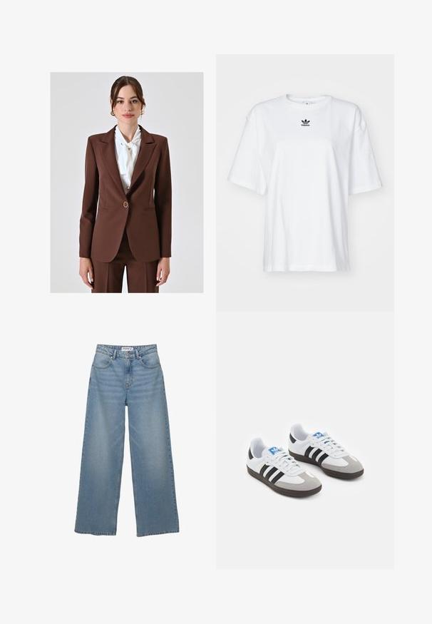 Brauner maßgeschneiderter Blazer mit einem einzelnen goldfarbenen Knopf, Reverskragen und zwei vorderen Taschen, kombiniert mit einer weißen Bluse mit Schlips.; Weißes T-Shirt mit kurzen Ärmeln aus Baumwolle. Verfügt über einen Rundhalsausschnitt und ein kleines schwarzes Adidas-Logo auf der Brust. Gerader Saum.; Helle blaue weit geschnittene Jeans aus Denim. Merkmale sind eine hohe Taille, fünf Taschen und ein gerader Schnitt mit minimaler Ausbleichung.; Sportschuhe mit einem Obermaterial aus weißem Leder, grauer Wildleder-Zehenkappe und drei schwarzen Streifen. Sie verfügen über ein blaues Logo auf der Zunge und eine strukturierte Gummisohle.