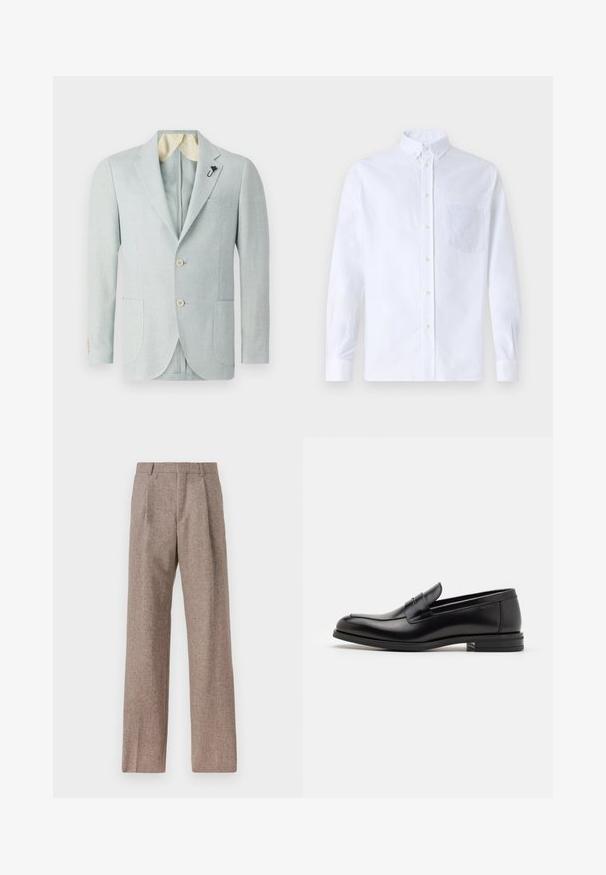 Hele sinine linane bleiser, millel on kaks eesmist taskut, kaks nuppu ja kontrastne kreemivärvi vooder. Omab dekoratiivset nööpi krae peal.; Valge pikamaa varrukatega nööbiga särk, mis on valmistatud puuvillast ja millel on rinna tasku toon-toonis brodeeringuga, krae ja nööbiga mansetid.; Prunnid, kõrge vöökohaga püksid, mis on valmistatud tekstureeritud kangast. Omavad laiu jalgu ja kahte eesmist voldikut struktuuri jaoks. Korralik viimistlus, ilma nähtava riistvarata.; Mustad mustad nahast loafers sileda tekstuuriga, ümarat ninaosa ja dekoratiivne riba vampi üle. Madal kihiline konts, minimalistlik disain.