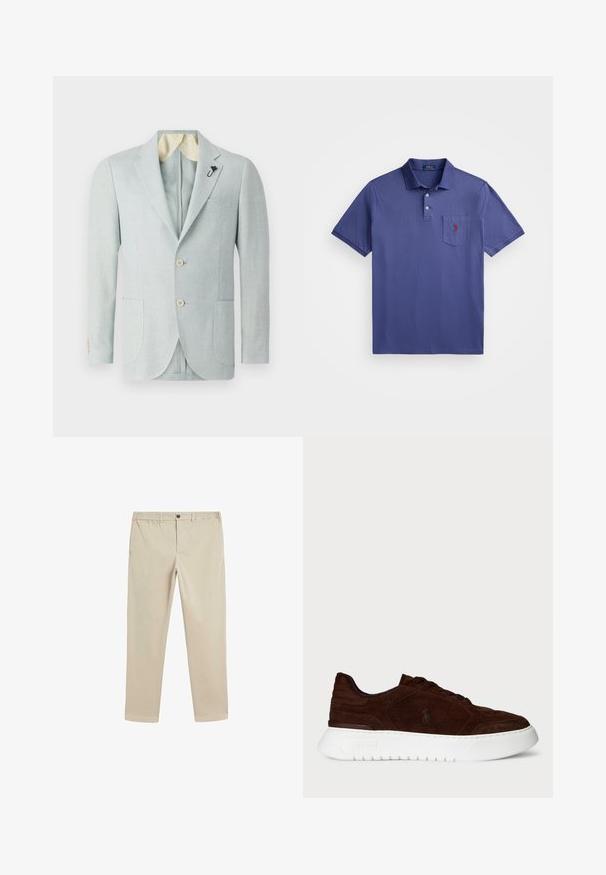 Light blue linen blazer with two front pockets, two buttons, and a contrasting cream-colored lining. Features a decorative pin on the lapel.; Purple polo shirt made from cotton, featuring a three-button placket, short sleeves, and a chest pocket with a red logo embroidery.; Beige cotton trousers with an elastic waistband, button closure, straight leg design, and standard pockets on the sides and back.; Dark brown suede sneaker with white thick sole, lace-up closure, and subtle Polo logo on side, viewed from the outer side.