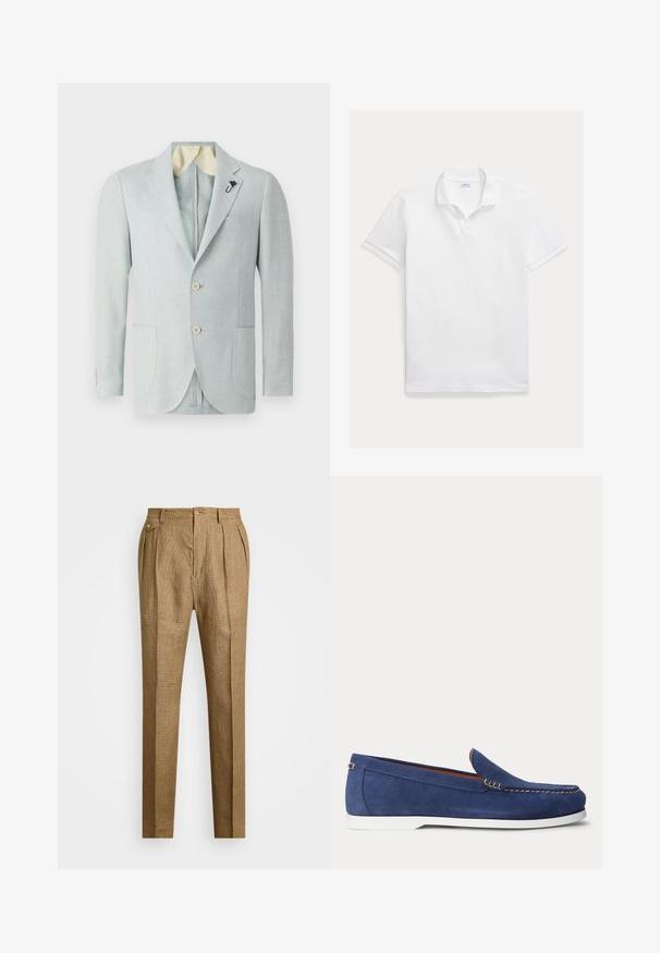 Blazer en lin bleu clair avec deux poches avant, deux boutons et une doublure contrastante de couleur crème. Comprend une épingle décorative sur le revers.; Polo blanc en coton. Présente un col classique, des manches courtes et un logo brodé sur la poitrine. Texture lisse et légère.; Pantalons à carreaux marron avec une coupe structurée, dotés d'un devant plissé, de deux poches latérales et d'une fermeture à bouton. Texture lisse avec un design ajusté.; Mocassins en daim bleu marine avec semelle en caoutchouc blanche, coutures contrastées et design à enfiler. Comportent un petit accent doré sur le côté.
