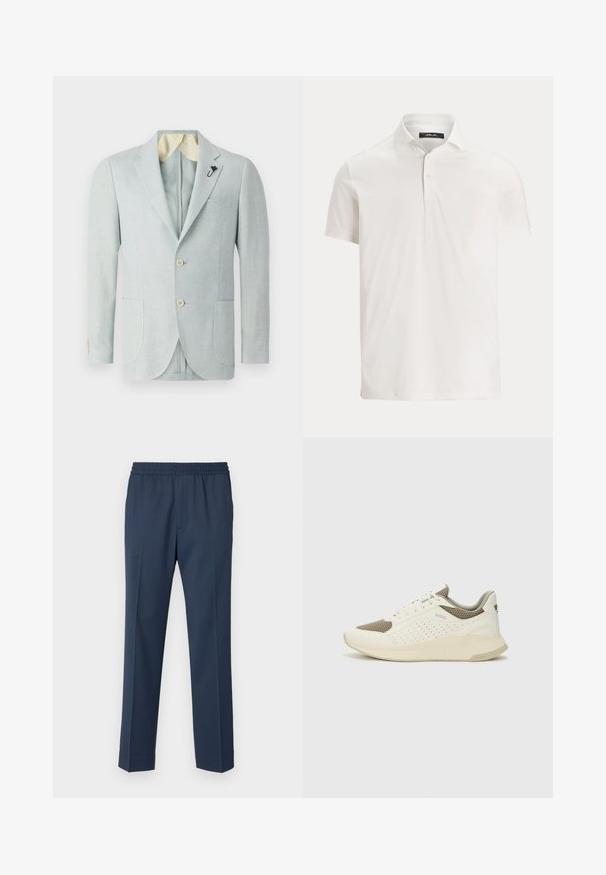 Ljusblå linneblazer med två framfickor, två knappar och en kontrasterande krämfärgad foder. Har en dekorativ nål på slaget.; Herr vit pikétröja med korta ärmar, krage, två knappar och en diskret logomärke på insidan av kragen.; Marintröjor med elastisk midja, raka ben och slät textur med en subtil glans. Perfekta för bekväm användning.; Vit och ljusbeige atletisk sneaker med ett meshöverdrag, perforerade detaljer och en texturerad mellansula med varumärke på hälen.