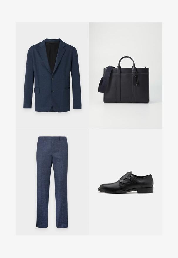 Blazer navy in tessuto testurizzato, con un design a un bottone, rever a notched, due tasche frontali e due bottoni.; Camicia bianca a maniche lunghe con bottoni realizzata in cotone, caratterizzata da un colletto classico, bottoni frontali e dettagli di cucitura minimal.; Pantaloni blu navy realizzati in un tessuto texturizzato, con gamba dritta, davanti piatto e due tasche laterali. Nessun motivo o dettaglio visibile.; Scarpa da uomo in vera pelle nera con doppie fibbie, silhouette elegante e punta tonda. Presenta un tacco basso e una texture liscia.; Cartella in pelle blu scuro con doppio manico superiore e tracolla removibile. Presenta una finitura texturizzata, cuciture verticali e dettaglio del logo.