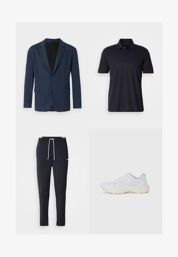 Navy blazer made from textured fabric, featuring a single-breasted design, notch lapels, two front pockets, and two buttons.; Dark navy short-sleeve polo shirt with a collar and three-button placket, displayed on a plain light background.; Black slim-fit jogger pants with white drawstring, elastic waistband with white stripes, and small white logo on the upper thigh.; White athletic shoes made of mesh and suede, featuring a textured midsole, textured accents, and "HUGO" logo on the side.
