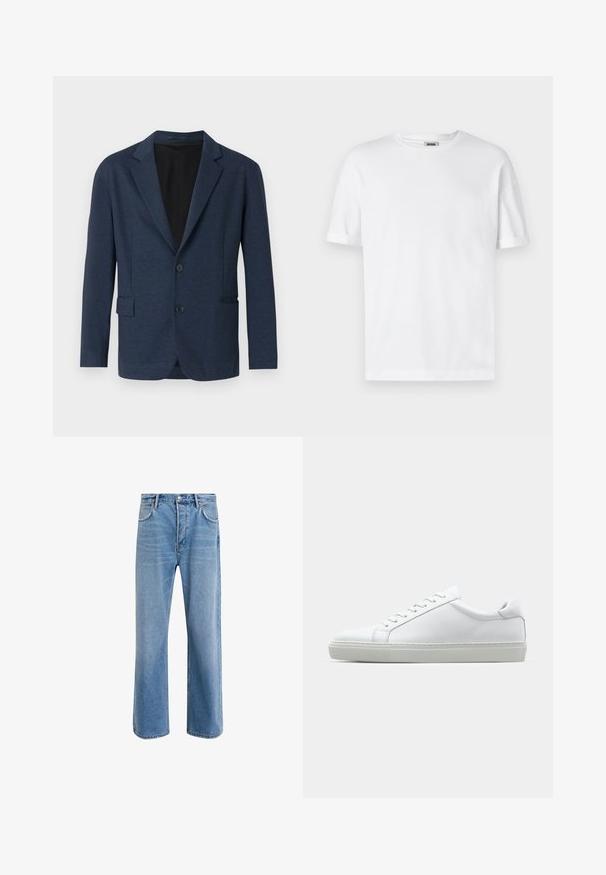 Námořnický blejzr vyrobený z texturované tkaniny, s jednobotonovým designem, klopovými límci, dvěma předními kapsami a dvěma knoflíky.; Bílé bavlněné tričko s kulatým výstřihem, krátkými rukávy a ohrnutými manžetami; jednoduchý design, jemná textura a rovný střih.; Světle modré džínové kalhoty s rovnými nohavicemi, pěti kapsami, zapínáním na knoflík, minimálním vyblednutím a kontrastním prošitím.; Bílé tenisky s hladkým koženým svrškem a nízkým profilem. Mají zaoblenou špičku, šest nýtů a texturovanou gumovou podrážku.