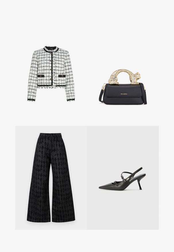 Biała i czarna kurtka z tweedu o skróconym kroju, okrągłym dekolcie, złotymi guzikami i czarnymi akcentami. Posiada postrzępione krawędzie i teksturowaną powierzchnię.; Czarna bluza z kapturem z kontrastowym białym wzorem koszuli z kołnierzykiem. Posiada fakturowaną górną część oraz balonowe rękawy, z detalem logo.; Szerokie czarne spodnie z teksturowanym wzorem, z wysokim stanem, przednimi kieszeniami i ukrytym zapięciem na guziki. Miękka wykończenie materiału.; Czarne skórzane sandały na obcasie typu slingback z wydłużonym noskiem, smukłym obcasem i ozdobnym zapięciem na cholewce. Gładka tekstura i elegancka forma.; Czarna skórzana torebka z złotym uchwytem w kształcie kota, posiadająca przednią klapkę, regulowany pasek oraz detal z logo na dolnej części przodu.