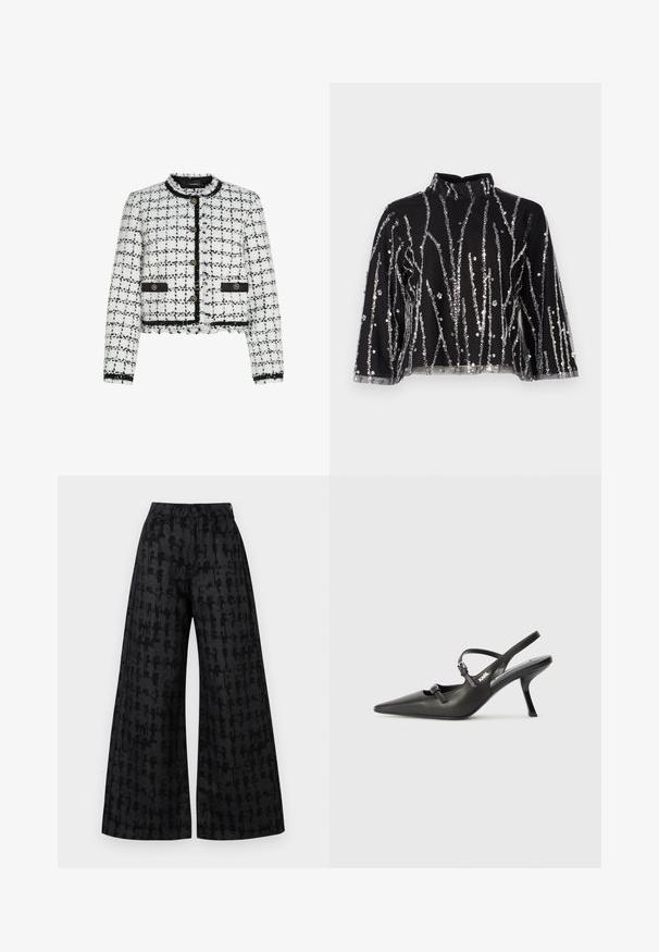 Balta un melna tweed mētelis ar saīsinātu dizainu, apaļu kakla izgriezumu, zelta pogām un melnām akcentiem. Funkcijas ietver plūstošas malas un teksturētu virsmu.; Melna īsā topiņa ar augstu kaklu, kurai ir sudraba mirdzošas vertikālas svītras, caurspīdīgas piedurknes un teksturēta auduma.; Platas kāju melnas bikses ar strukturētu rakstu, augsts viduklis, priekšējās kabatas un slēgts pogas aizdare. Mīksta auduma apdare.; Melnas ādas slingback papēži ar norādītu purngalu, izsmalcinātu papēdi un dekoratīvu sprādzi uz priekšpuses. Gluda tekstūra un elegants dizains.